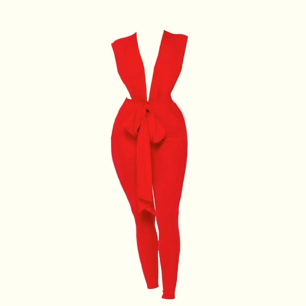 Red Deep V Jumpsuit